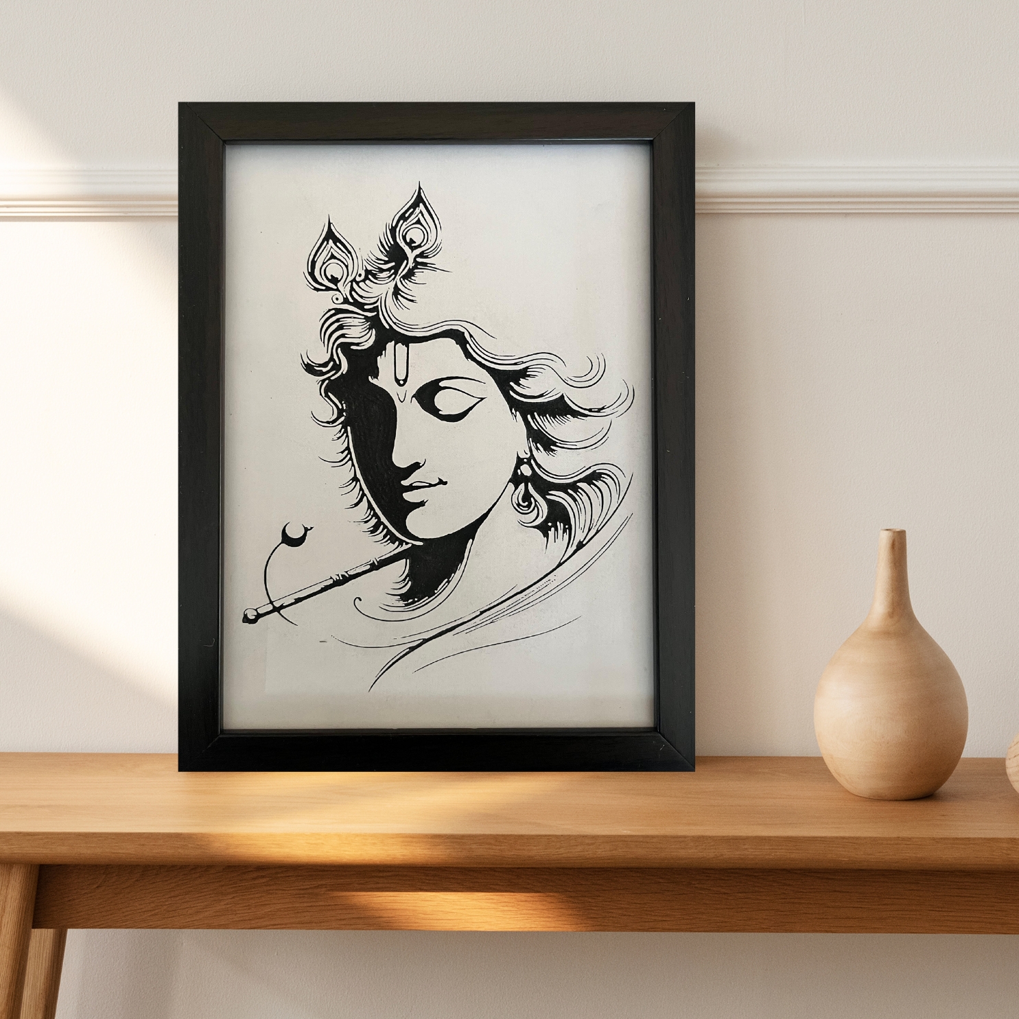 Hindu Lord Krishna engraved on wood white