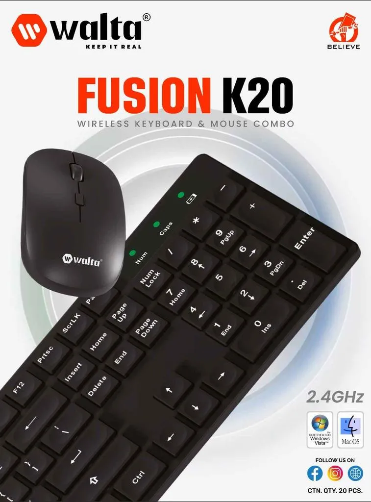 WALTA Fusion K20 Wireless Keyboard & Mouse Combo  Silent, Smooth & Smart black