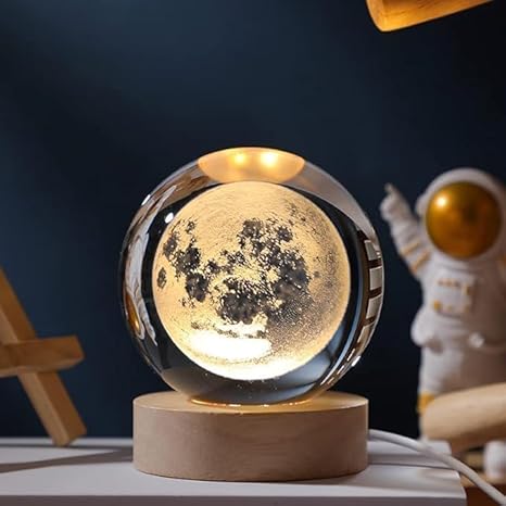 FLYNGO 3D Moon Crystal Ball Night Lamp, Creative Engraved Night Light for Kids Room, USB Table LED Lamp with Woodern Base, Light for Home Office Decoration Birthday Gift (Moon) white