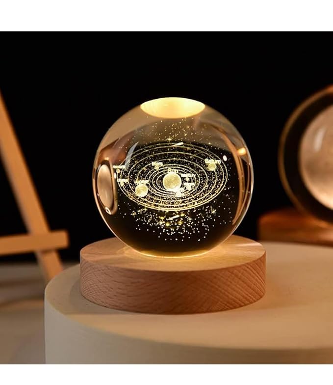 UPRONex213D Galaxy Crystal Ball Night Light | Dimmable Engraved LED Glass Ball Table Lamp with USB and Wooden Base for Home Decor, Office, Birthday Gift & Kids Bedroom (Saturn) white