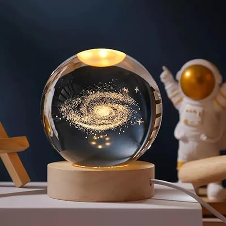 One94Store 3D Galaxy Crystal Ball Night Lamp - Engraved USB Table LED Wooden Light for Home Office Decoration and Birthday Gift (Galaxy)(Warm White) white