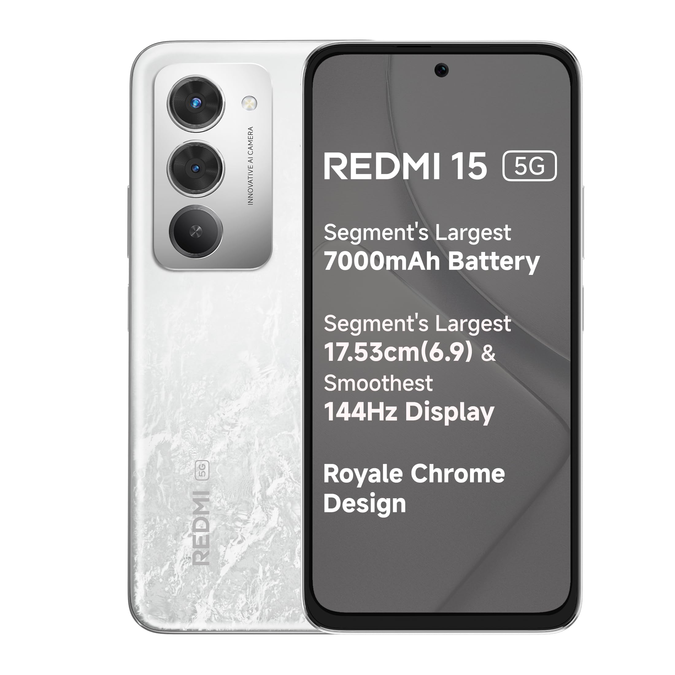 Redmi 15 5G Frosted White 8GB + 256GB | Segment's Largest 7000mAhA Battery | Segment's Largest Display 17.53cm(6.9) Up to 144Hz | Snapdragon 6s Gen 3 | 18W Reverse Charging | 50MP AI Dual Camera