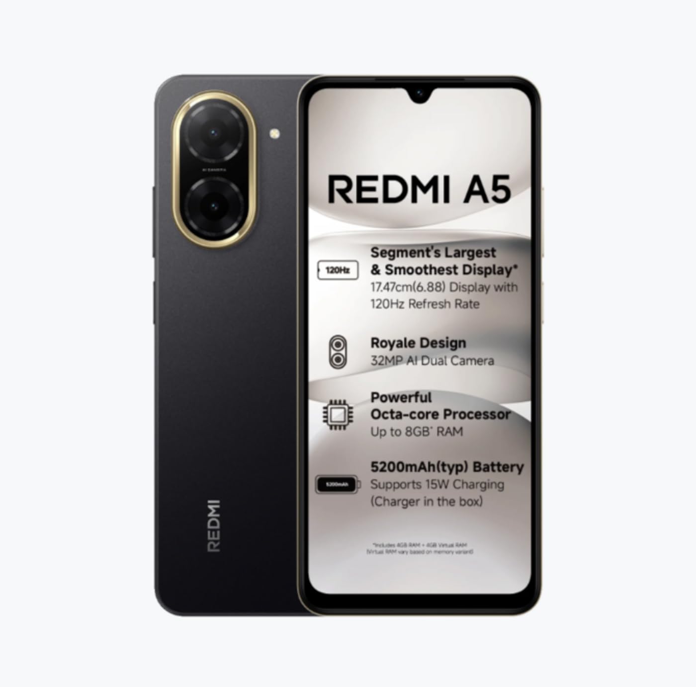 Redmi A5 Just Black (4GB RAM 128GB Storage) | Royale Design | Segment's Largest 17.47cm(6.88) and Smoothest 120Hz Display | 5200mAh Large Battery | Expandable Storage up to 2TB - Mobile Phone | Buy online on ZillyBuy
