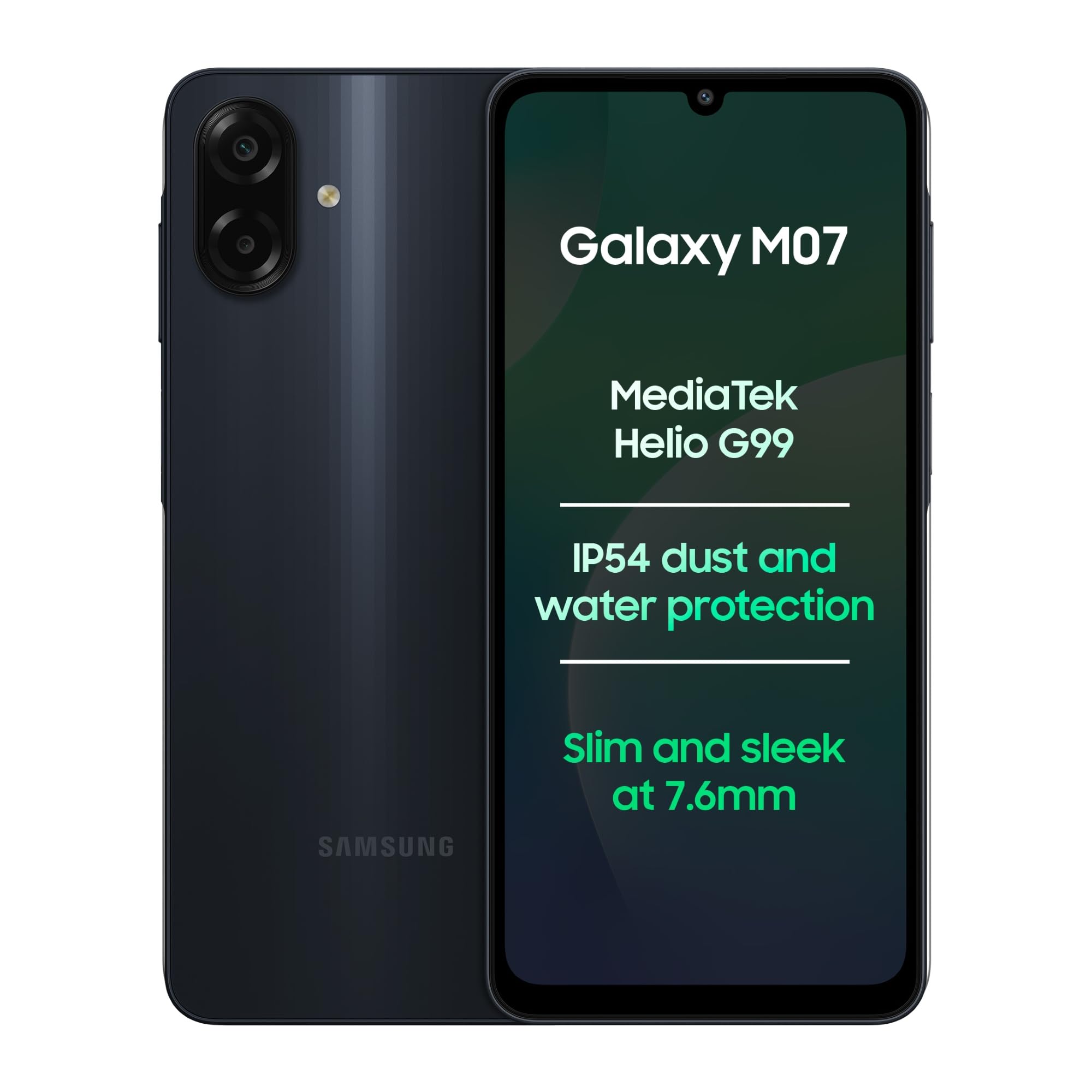 Samsung Galaxy M07 (Black, 4GB RAM, 64GB Storage) | MediaTek Helio G99 | IP54 Rating | 50MP Auto Focus Camera | 7.6mm Slim | 5000mAh Battery| 25W Fast Charging | 6 Gen of OS Upgrades | Without Charger - Mobile Phone | Buy online on ZillyBuy