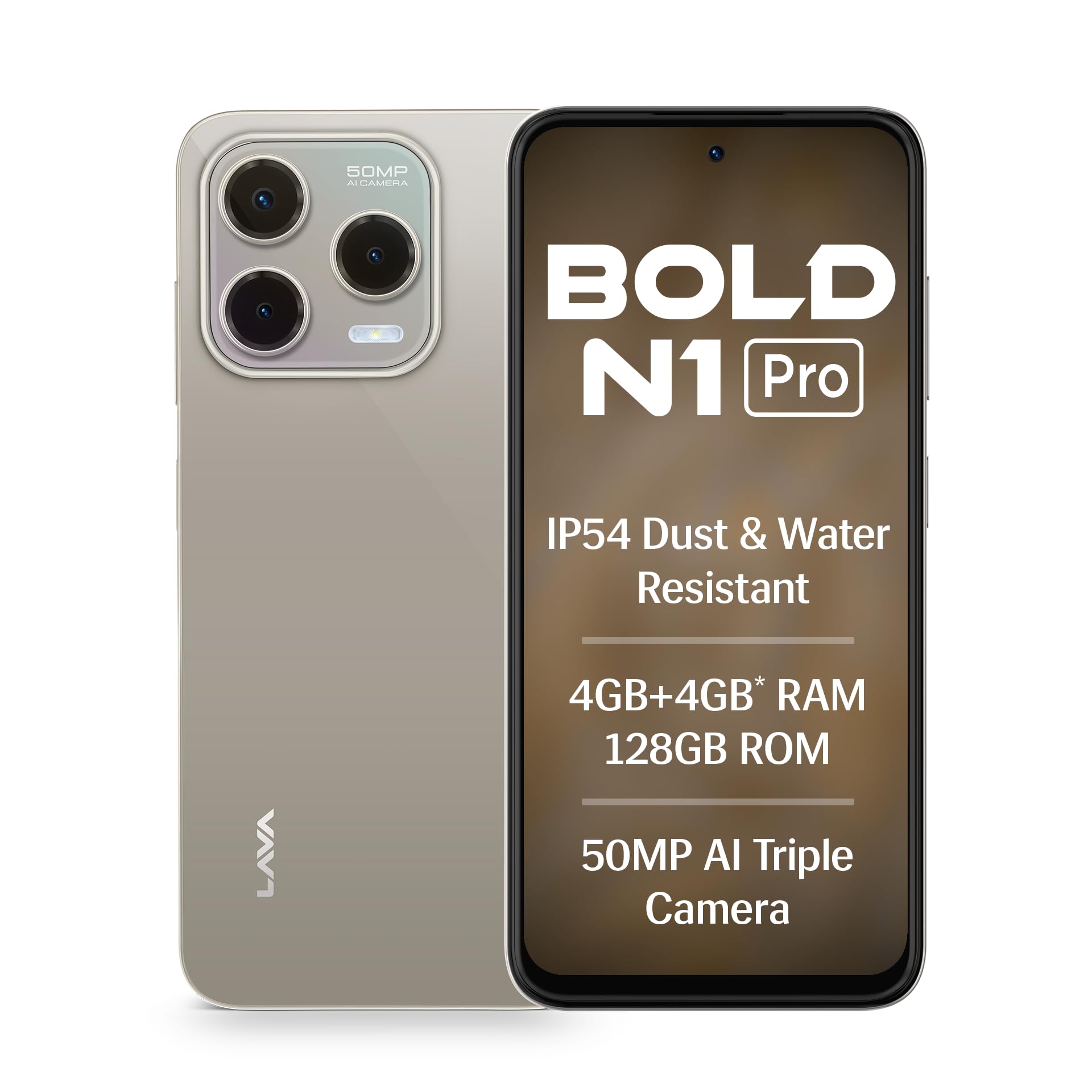 Lava Bold N1 Pro (Titanium Gold, 4 GB RAM, 128 GB Storage)| Bigger 6.67" HD+ IP54 Display | 120 Hz Refresh Rate | 50 MP AI Triple Rear Camera | 8 MP Front Camera| 5000 mAh Battery | Charger in Box - Mobile Phone | Buy online on ZillyBuy