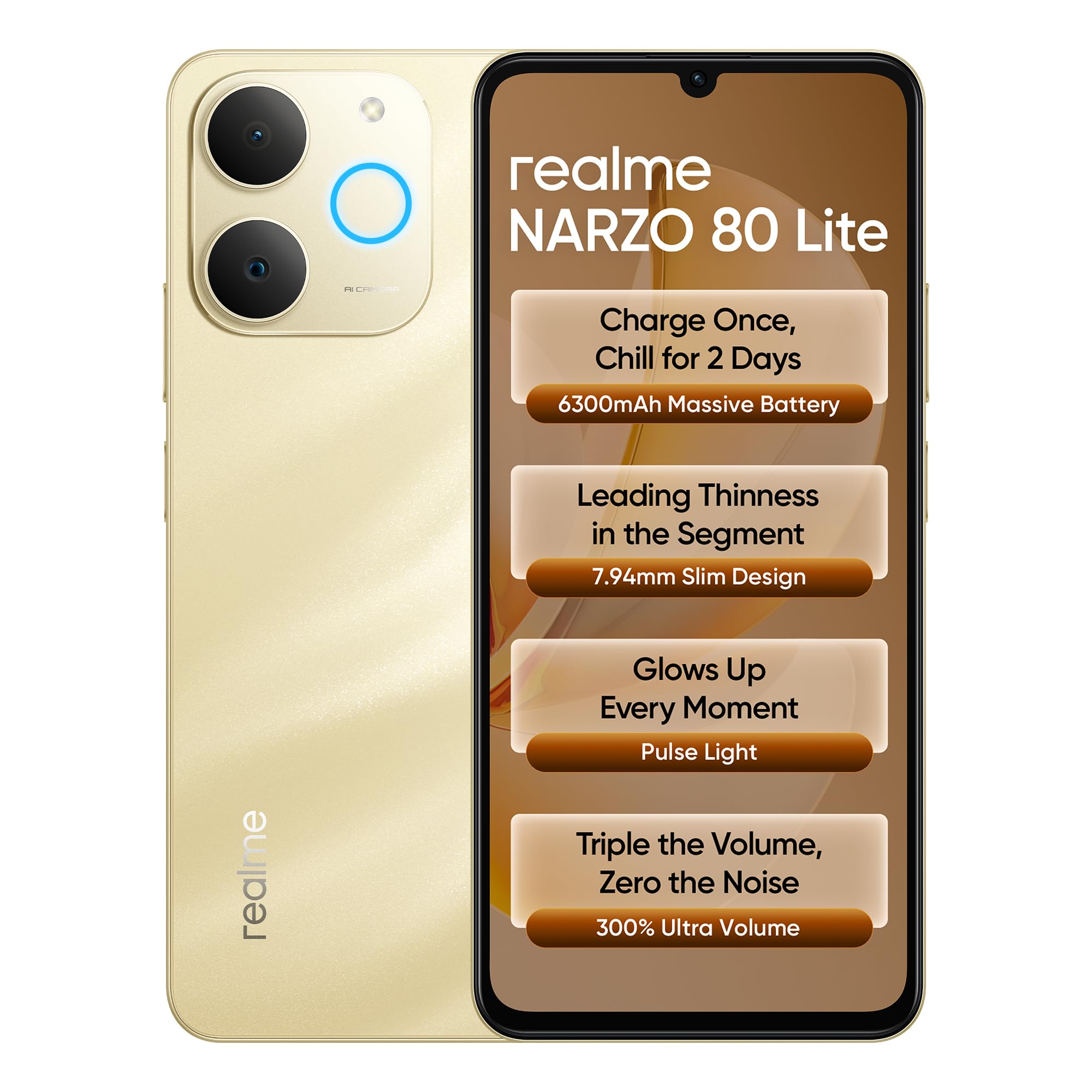 realme NARZO 80 Lite 4G (Beach Gold, 6GB+128GB) | 6300mAh Segment's Biggest Battery | 7.94mm Slim Design | 300% Ultra Volume | Pulse Light: 9 Colors, 5 Glow Modes | Ai Assist - Mobile Phone | Buy online on ZillyBuy