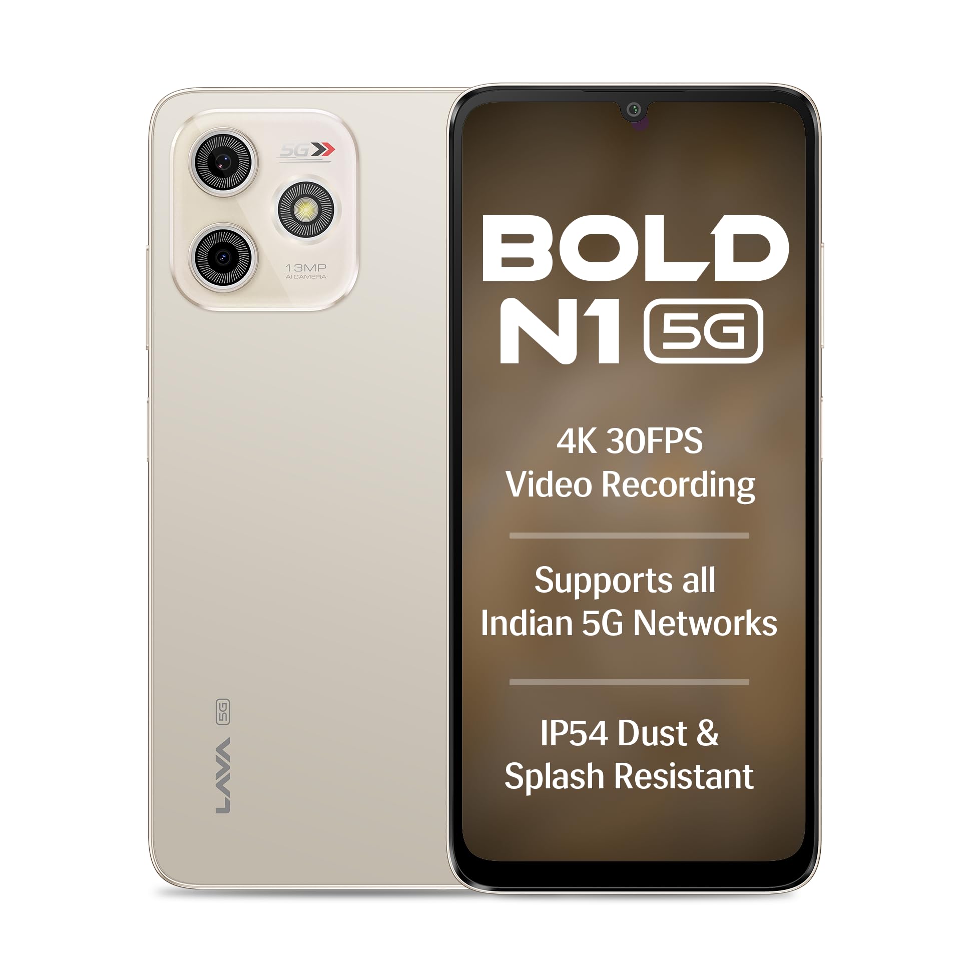 Lava Bold N1 5G (Champagne Gold, 4GB RAM, 128GB Storage) |Bigger 6.75" HD+ Notch Display | Octacore 5G Processor | 13 MP AI Camera |5000 mAh Battery| IP54 Rated Dust & Water Splash Proof - Mobile Phone | Buy online on ZillyBuy