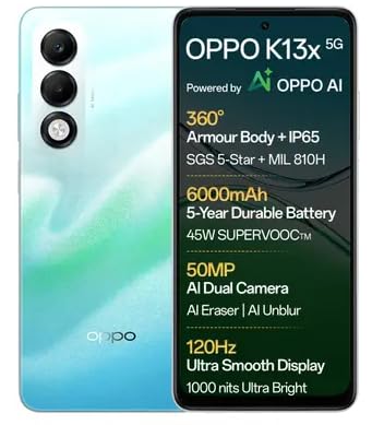 OPPO K13x 5G 6000mAh and 45W SUPERVOOC Charger & AI (Breeze Blue, 128 GB) (6 GB RAM) - Mobile Phone | Buy online on ZillyBuy