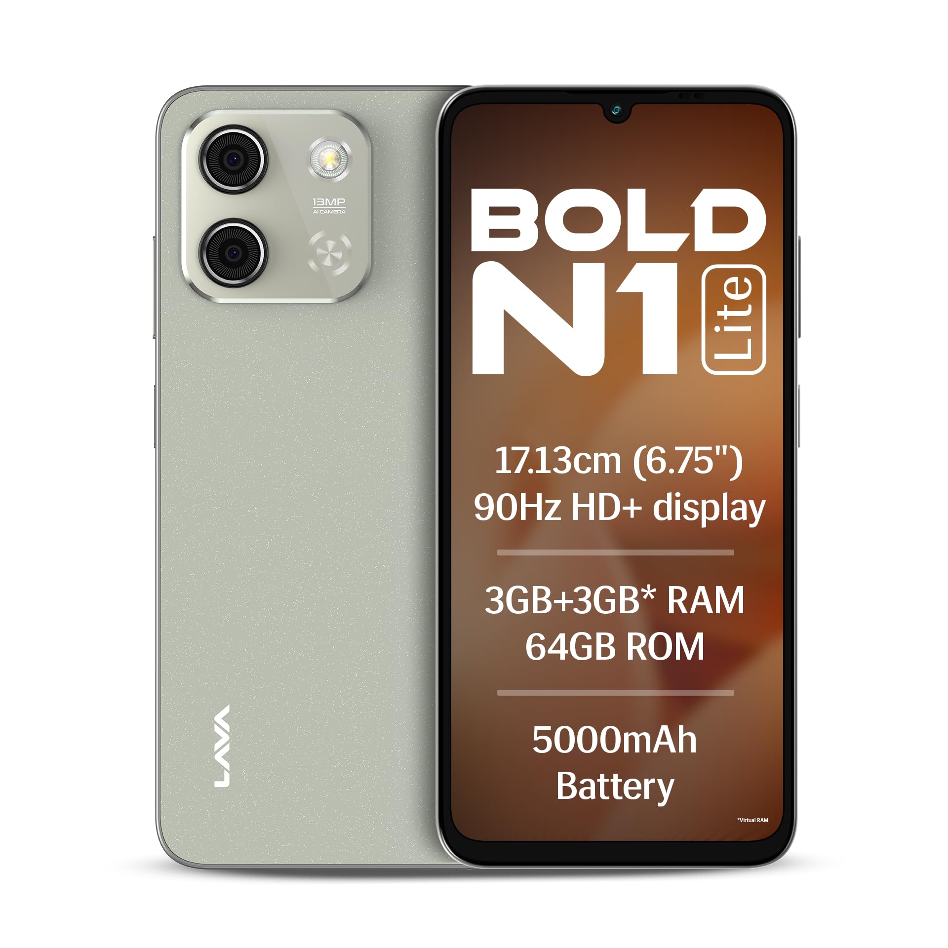 Lava Bold N1 Lite (Crystal Gold, 3 GB RAM, 64 GB Storage) | 6.75" HD+ Display | 13MP AI Dual Rear Camera | 5000 mAh Battery | Secure Face Unlock | Fingerprint Reader | Charger & Phone-Cover in Box - Mobile Phone | Buy online on ZillyBuy