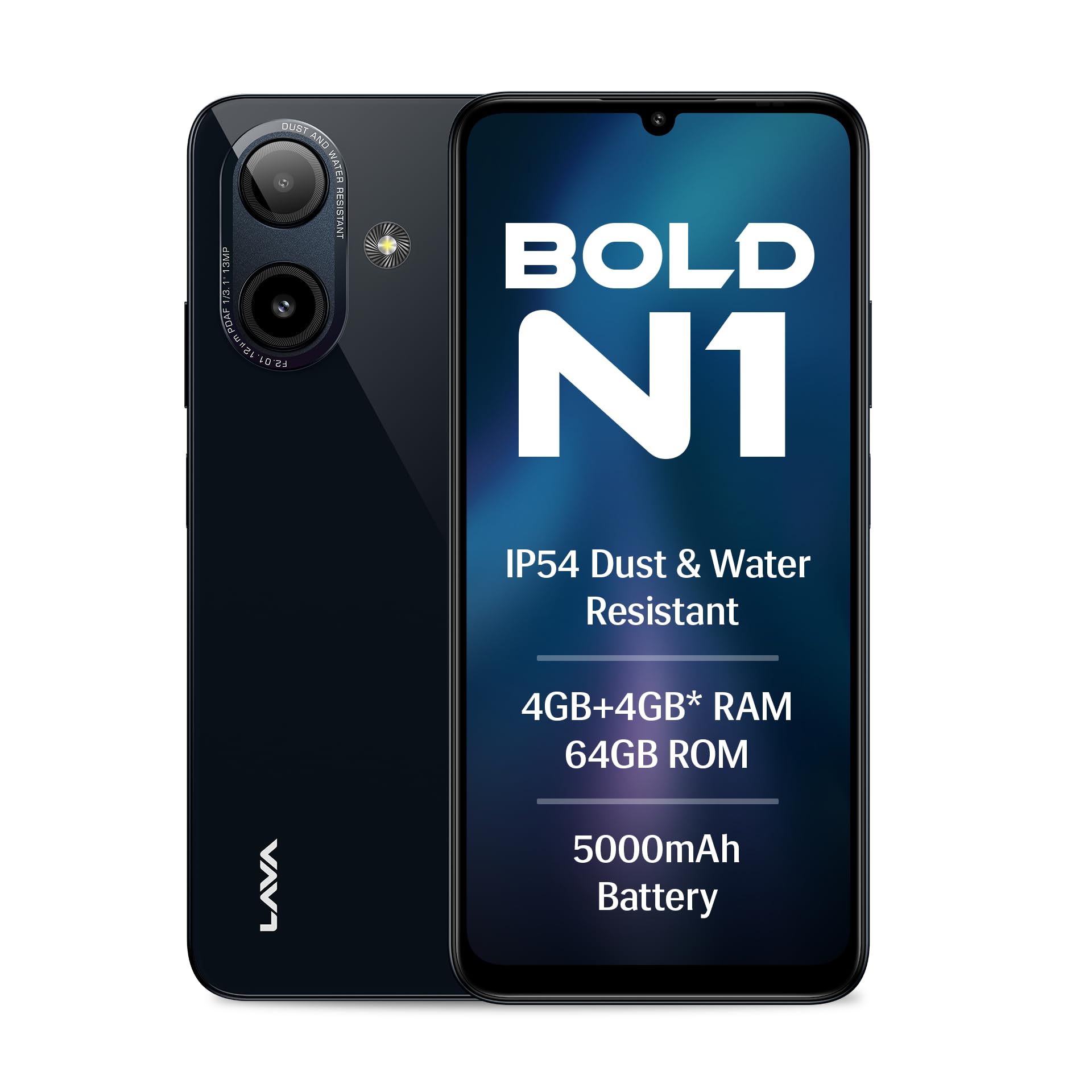 Lava Bold N1 (Radiant Black, 4 GB RAM, 64 GB Storage) | 6.75" (90 Hz) HD+ Display | 13MP AI Dual Rear Camera | 5000 mAh Battery | Secure Face Unlock | Fingerprint Reader | Charger & Phone-Case in Box - Mobile Phone | Buy online on ZillyBuy
