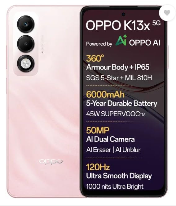 OPPO K13x 5G 6000mAh and 45W SUPERVOOC Charger & AI (Sunset Peach, 128 GB) (6 GB RAM) - Mobile Phone | Buy online on ZillyBuy