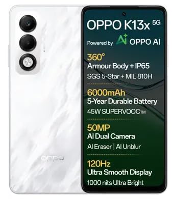 OPPO K13x 5G 6000mAh and 45W SUPERVOOC Charger & AI (Mist White, 128 GB) (6 GB RAM) - Mobile Phone | Buy online on ZillyBuy