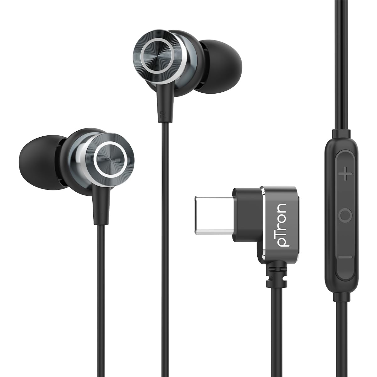 pTron Boom Play X3 In-Ear Type C Wired Headphones with Mic, 10mm Drivers for Pristine Sound, In-line Controls, 90 Degree USB-C Connector, 1.2m Tangle-Free Cable, Metal Buds & Wide Compatibility(Black)