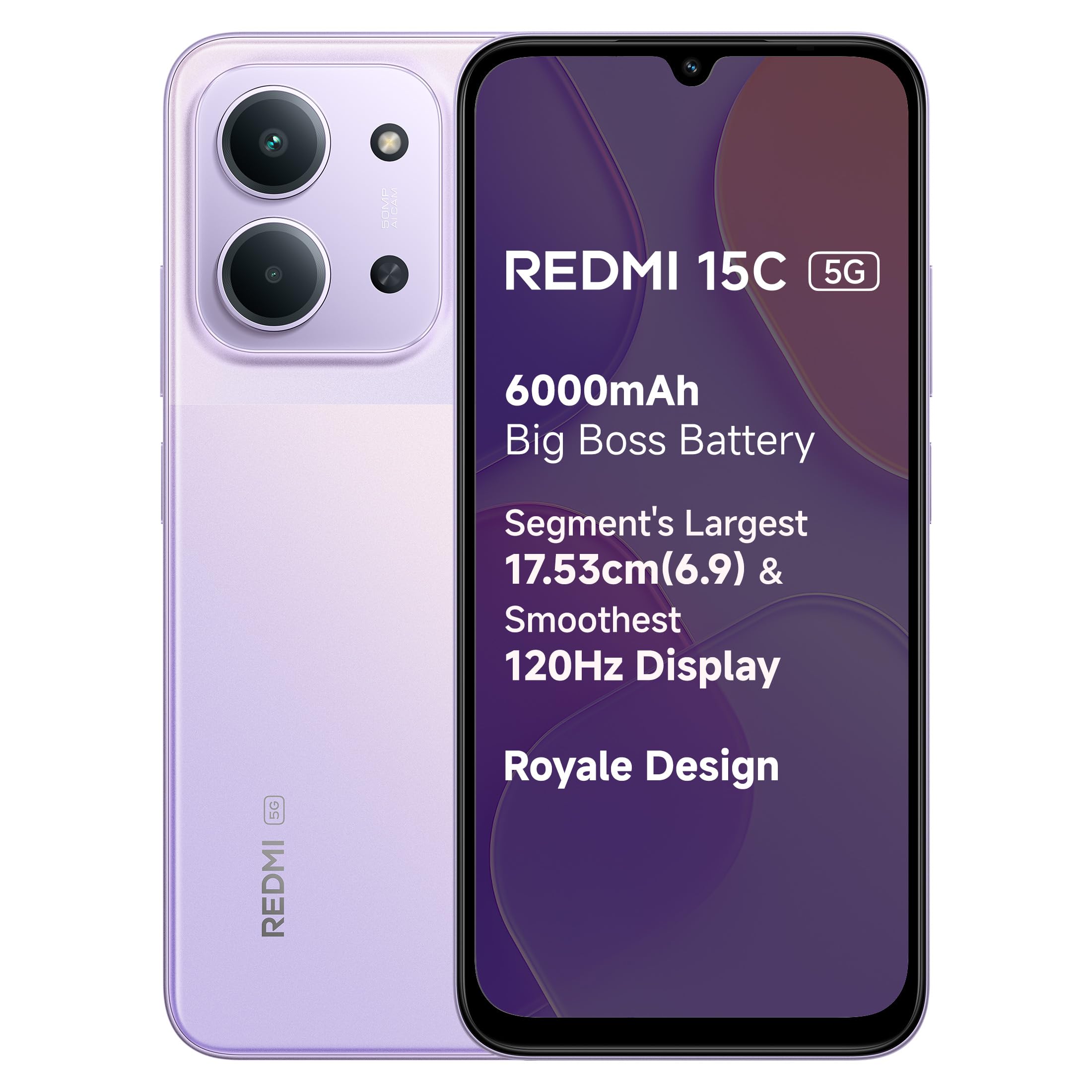 REDMI 15C 5G Dusk Purple 8GB + 128GB | Royale Design | Massive 6000mAh Battery | Segment's Largest 17.53cm Display Up to 120Hz | MediaTek Dimensity 6300 | 33W Fast Charging | 50MP AI Dual Camera - Mobile Phone | Buy online on ZillyBuy