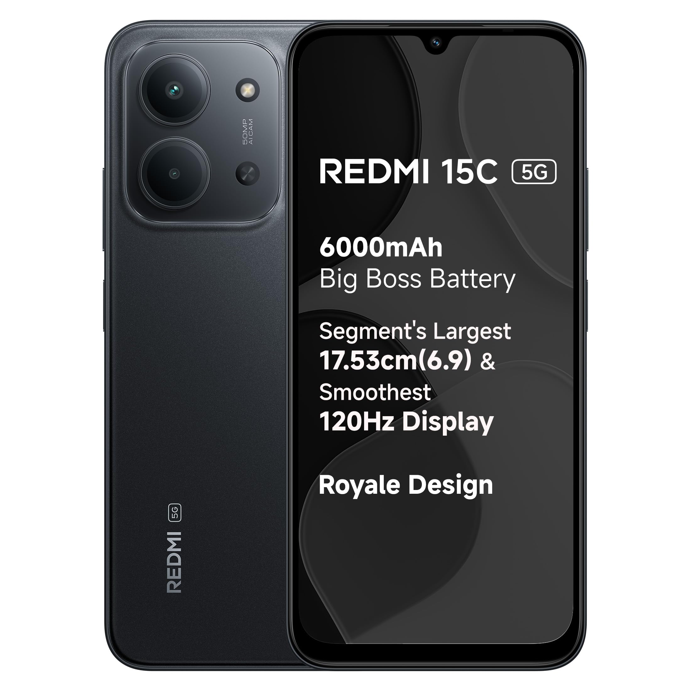 REDMI 15C 5G Midnight Black 6GB + 128GB | Royale Design | Massive 6000mAh Battery | Segment's Largest 17.53cm Display Up to 120Hz | MediaTek Dimensity 6300 | 33W Fast Charging | 50MP AI Dual Camera - Mobile Phone | Buy online on ZillyBuy