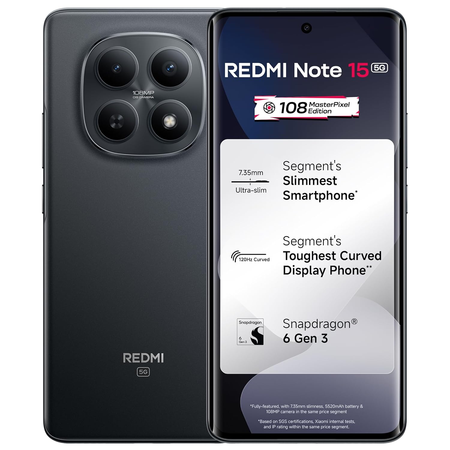 REDMI Note 15 5G (Black, 8GB RAM 256GB Storage) | 108MP OIS Camera | Snapdragon 6 Gen 3 | 17.2cm Tough Curved AMOLED Screen | Segments Slimmest Phone | 5520mAh Si/C Battery | 45W Fast Charging - Mobile Phone | Buy online on ZillyBuy