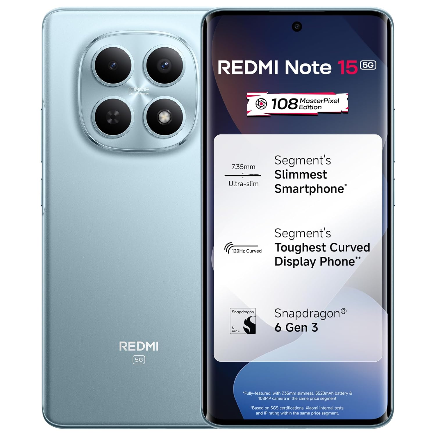 REDMI Note 15 5G (Glacier Blue, 8GB RAM 256GB Storage) | 108MP OIS Camera | Snapdragon 6 Gen 3 | 17.2cm Tough Curved AMOLED Screen | Segments Slimmest Phone | 5520mAh Si/C Battery | 45W Fast Charging - Mobile Phone | Buy online on ZillyBuy