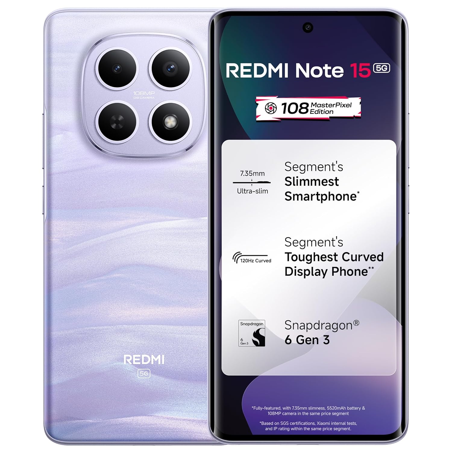 REDMI Note 15 5G (Mist Purple, 8GB RAM 256GB Storage) | 108MP OIS Camera | Snapdragon 6 Gen 3 | 17.2cm Tough Curved AMOLED Screen | Segments Slimmest Phone | 5520mAh Si/C Battery | 45W Fast Charging - Mobile Phone | Buy online on ZillyBuy