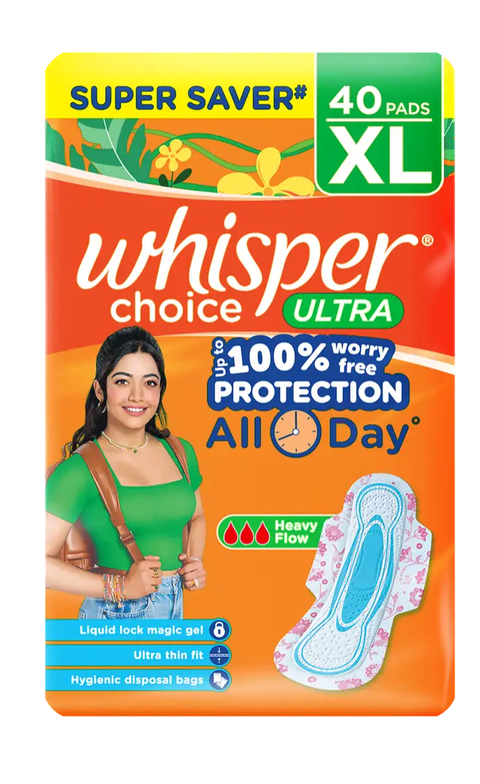 Whisper choice ultra XL 40 sanitary pada, upto 100% stain protection All day