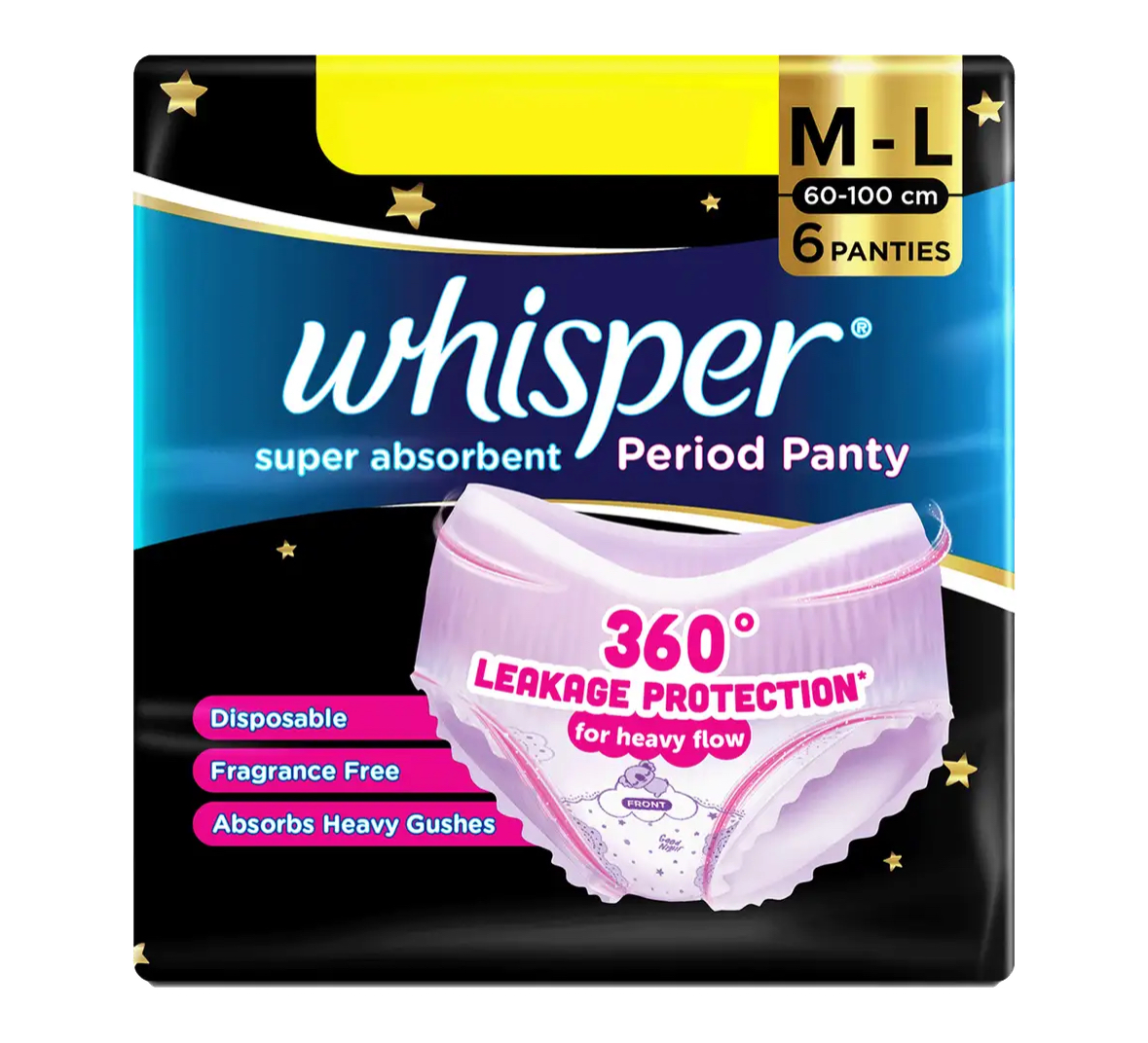 Whisper Bindazzz Nights period panty ,6 M-L panties , 360 degree leakage protection for heavy flow