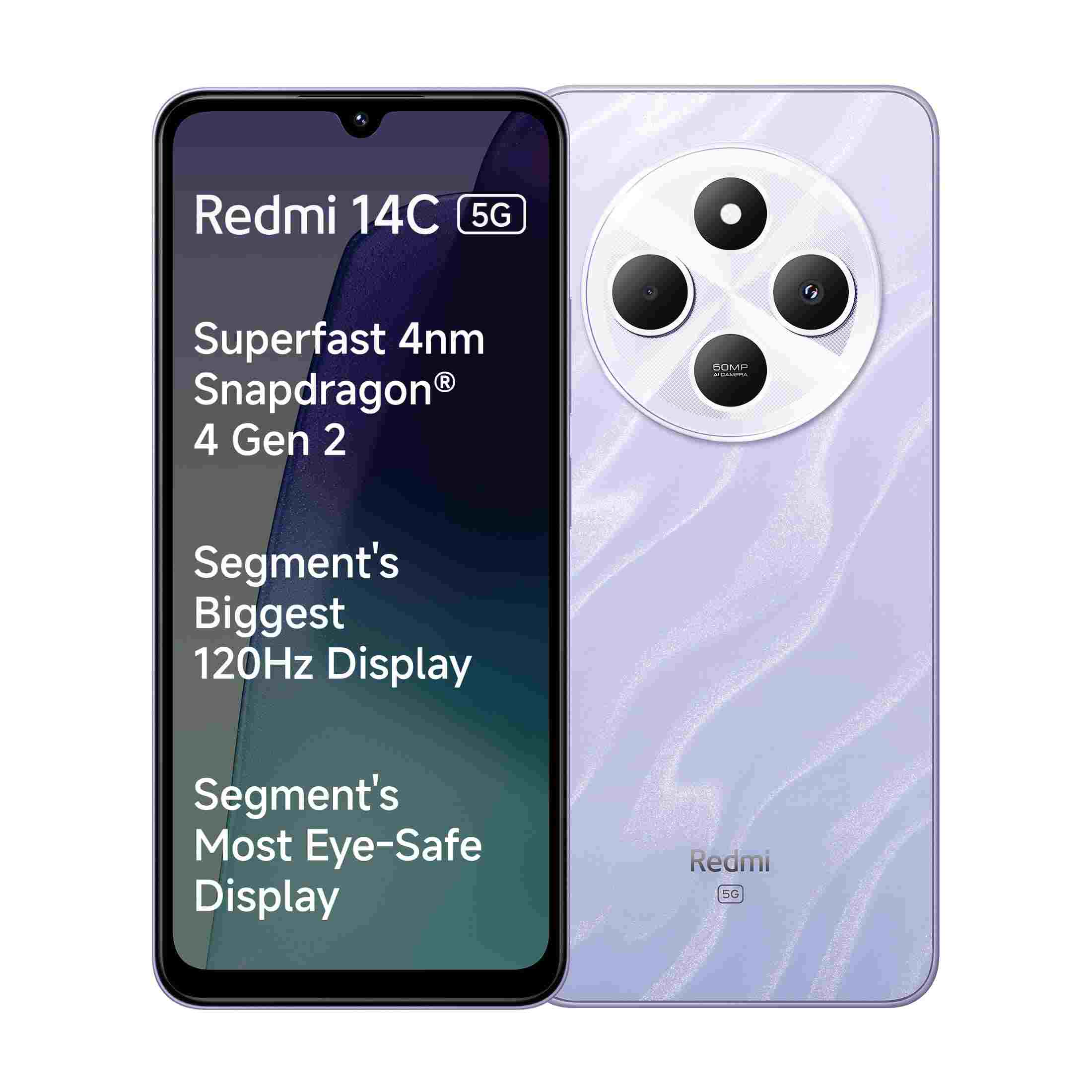 Redmi 14C 5G (Stardust Purple, 6GB RAM, 128GB Storage) | Superfast 4nm Snapdragon 4 Gen 2 | 120Hz 17.47cm (6.88) Display | 5160mAh Battery | 50MP Dual Camera | Premium Starlight Design - Mobile Phone | Buy online on ZillyBuy