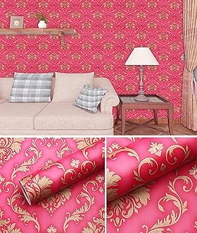 Eurotex Damask Design Wallpaper 17.71 X 118 Self-Adhesive Removable Peel and Stick Decorative Wall Covering (PVC, Size 45cm X 3Mtr Roll 14.5 Sqft, Red Gold Color) - Hardware, Tools and Home Safety | Buy online on ZillyBuy